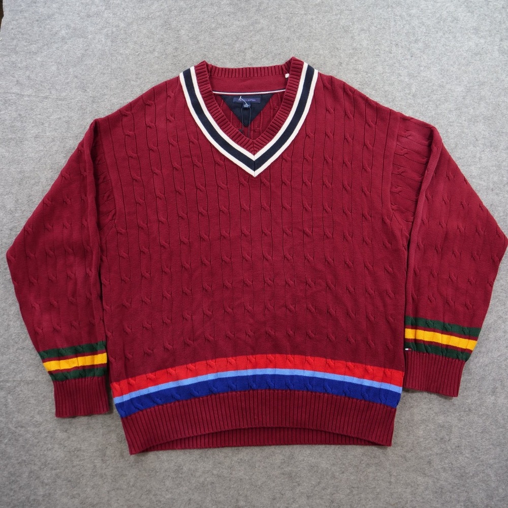 Tommy Hilfiger Sweater Mens 3XL Red Cable Knit V-Neck Cricket Pullover New